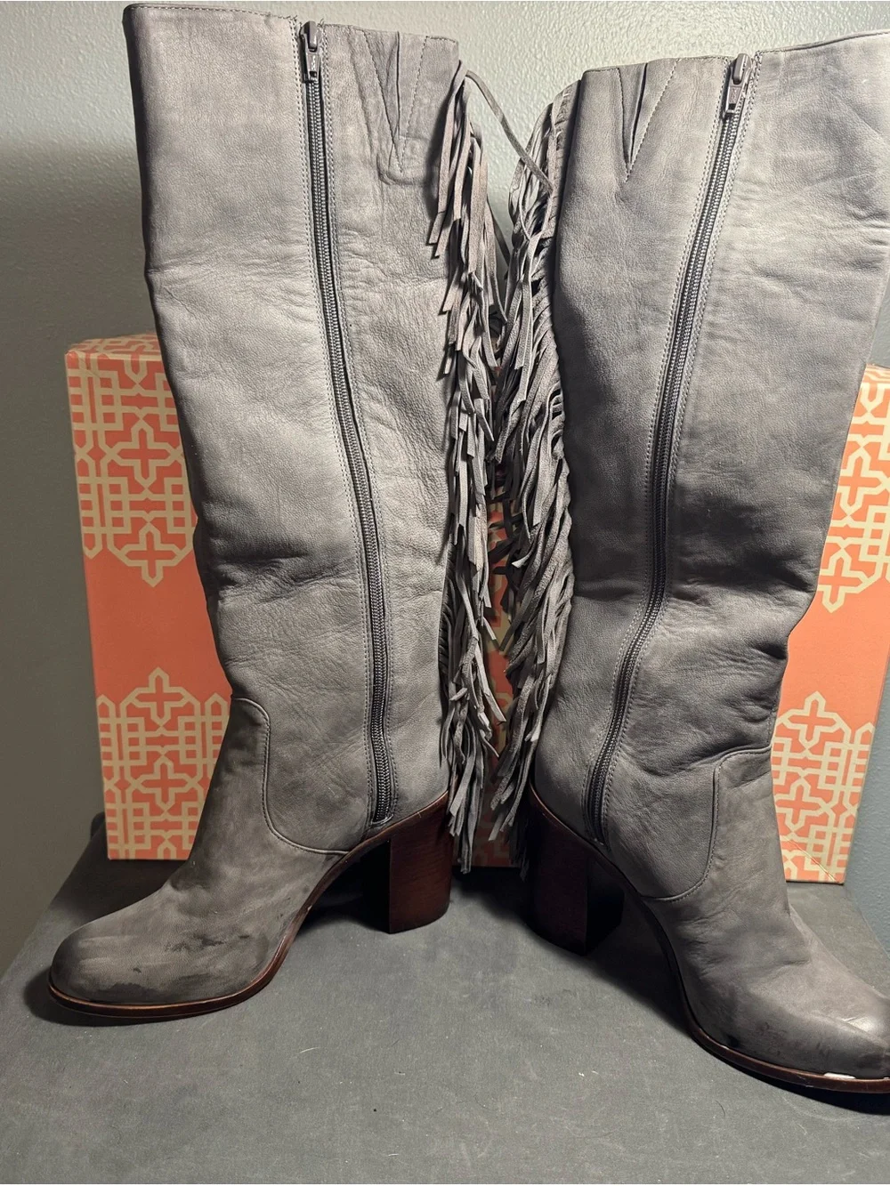 Gianni Bini Light Gray Fringe Over-the-Knee Leather Boots